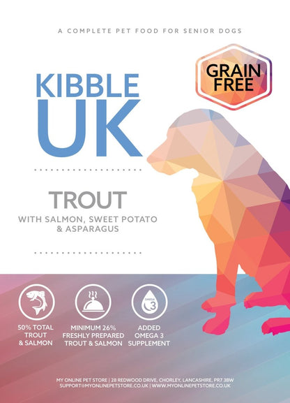 Grain Free Senior Dog Food - Trout with Salmon, Sweet Potato & Asparagus - Kibble UK - My Online Pet Store