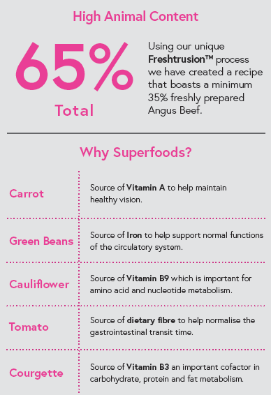 Superfood 65 ® Small Breed Dog Food - Angus Beef with Carrot, Green Beans, Cauliflower, Tomato & Courgette - Kibble UK